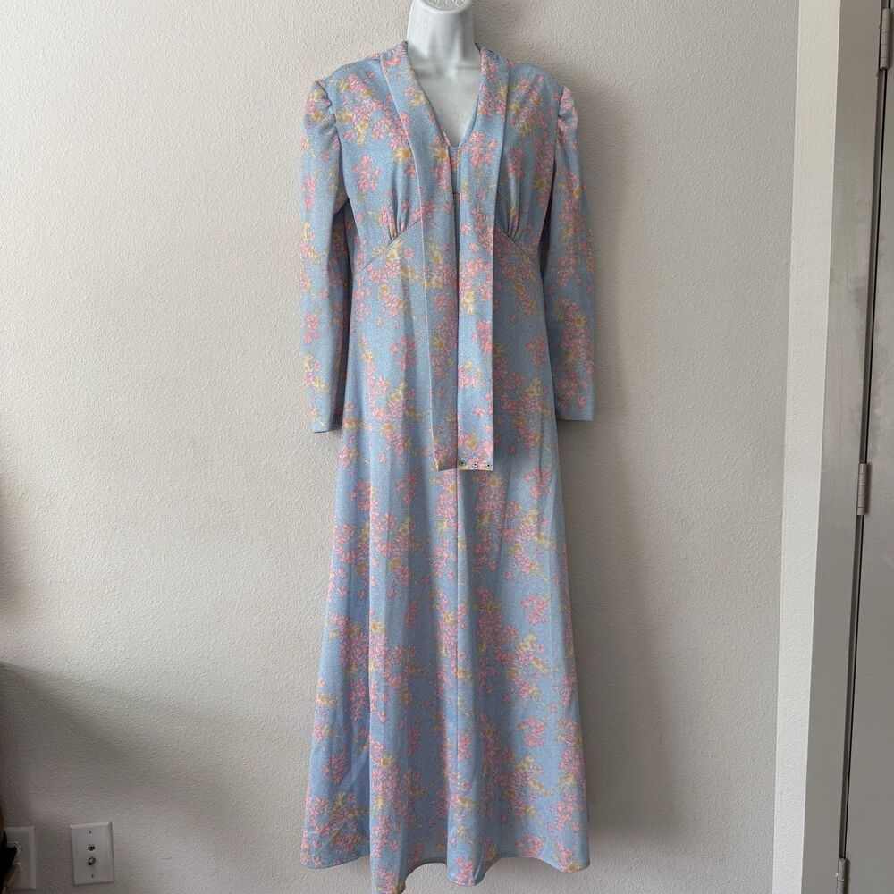 Vtg 70s Cottagecore Floral Maxi Dress Empire Waist Long Sleeve Boho Blue Pink S